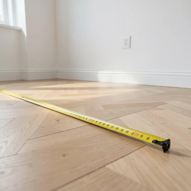 Mètre ruban déroulé sur le parquet d&rsquo;une pièce vide devant un mur clair