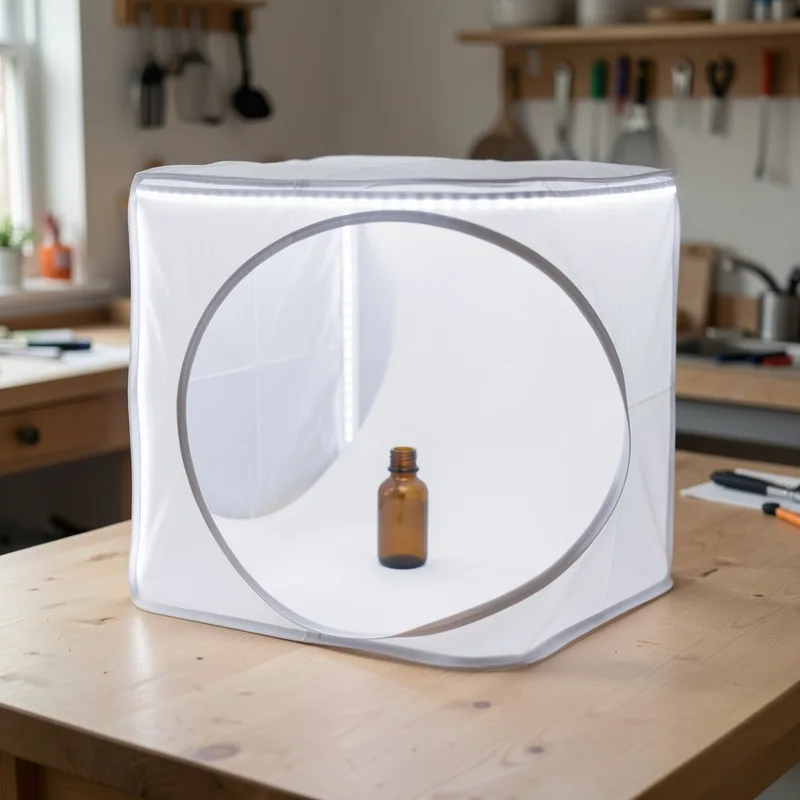 Cube lumineux blanc ouvert sur un plan de travail, petit objet posé au centre