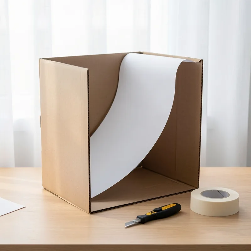 Carton blanc découpé formant une boîte à lumière artisanale près d&rsquo;une fenêtre