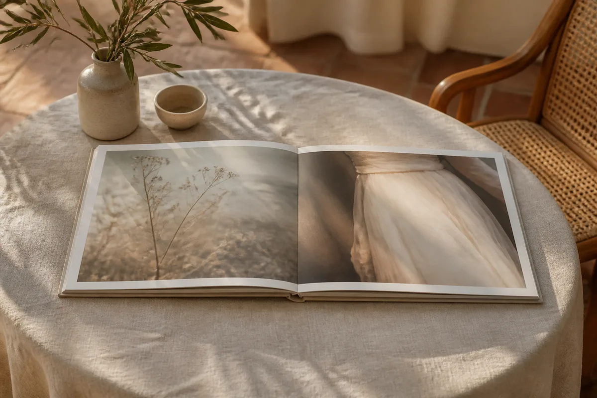 Album de mariage ouvert à plat sur une double page panoramique