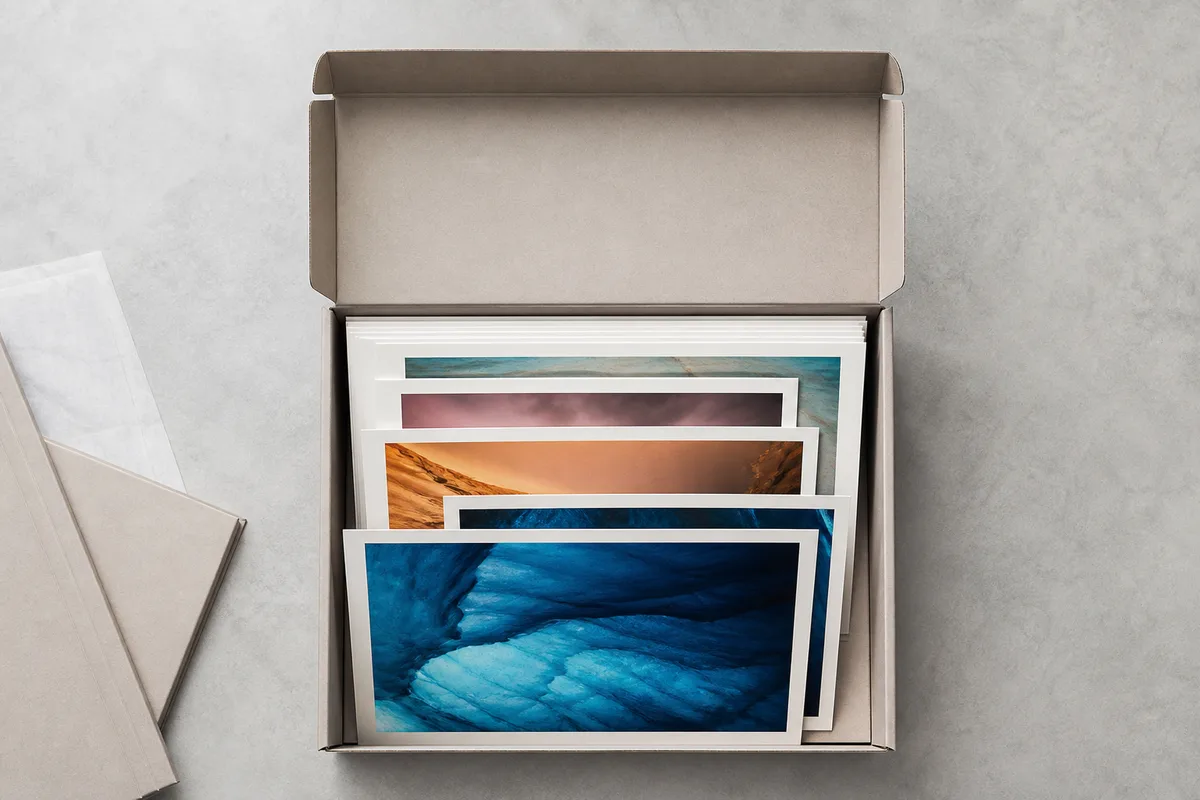 Tirages photo rangés dans une boîte de conservation en carton neutre