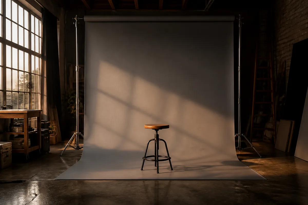 Rouleau de fond papier gris déroulé derrière un tabouret de studio