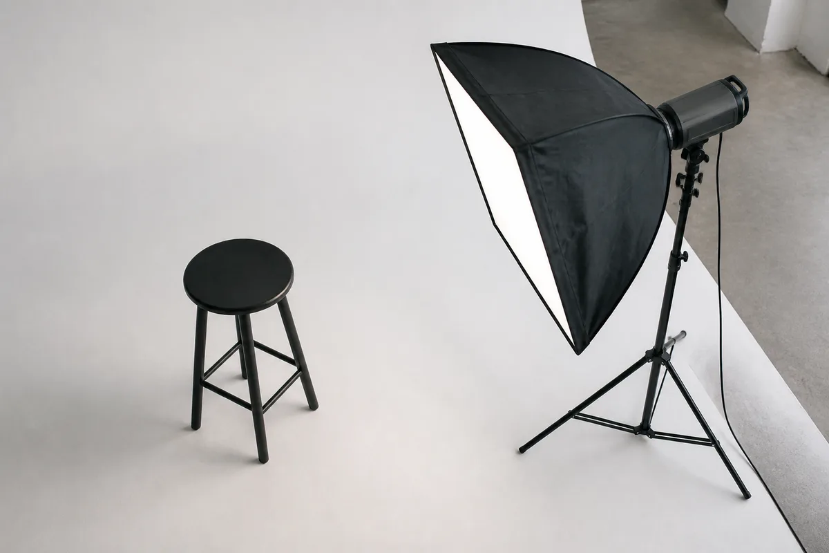 Flash de studio équipé d&rsquo;une boîte à lumière face à un tabouret vide