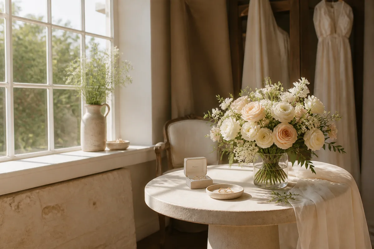 Détails de préparatifs de mariage posés près d&rsquo;une fenêtre, alliances et bouquet en lumière douce