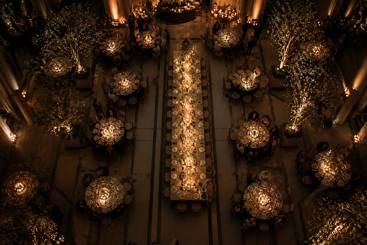 Vue d&rsquo;ensemble d&rsquo;une salle de réception éclairée aux bougies pendant le dîner de mariage