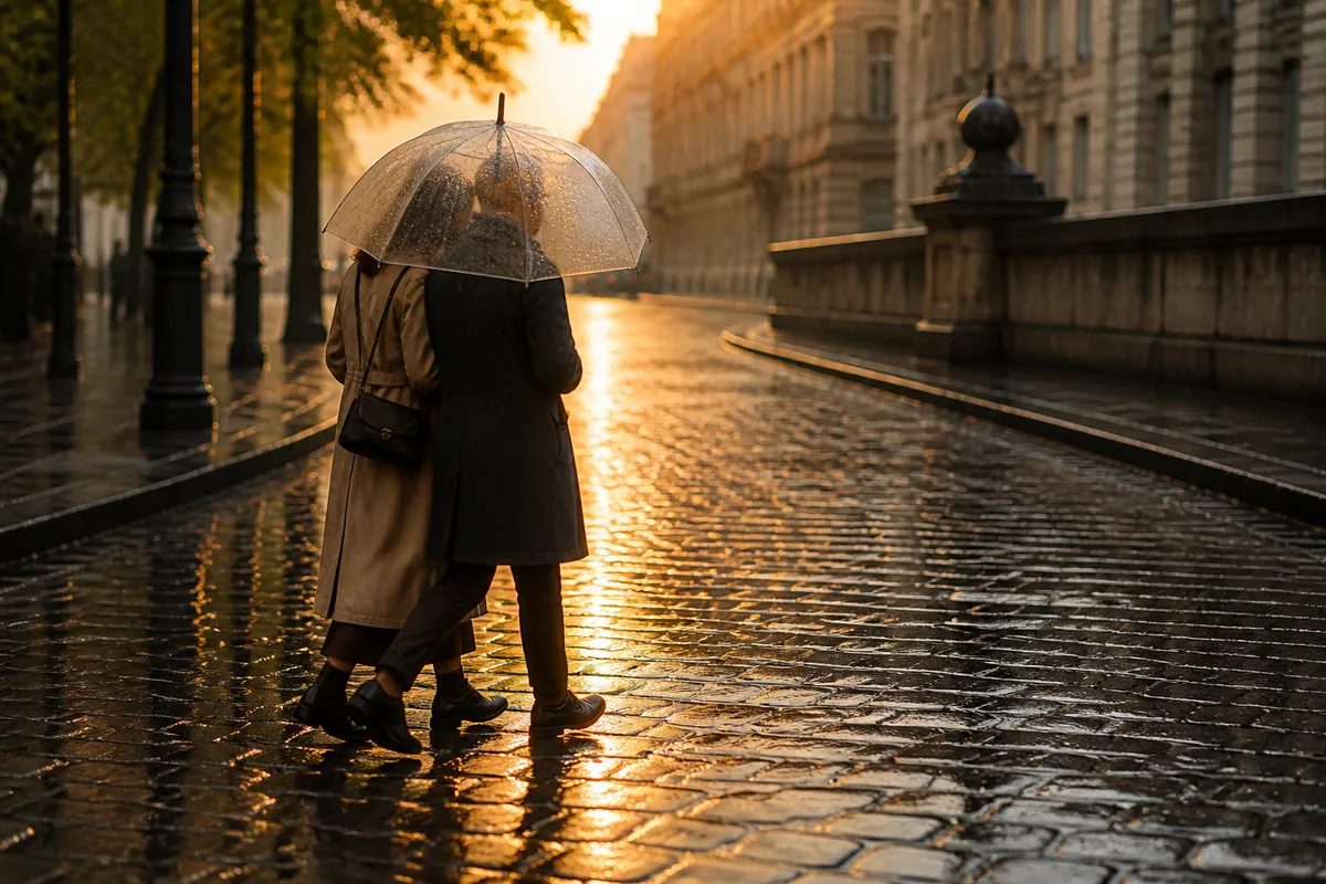 Couple sous un parapluie transparent, reflets sur des pavés mouillés