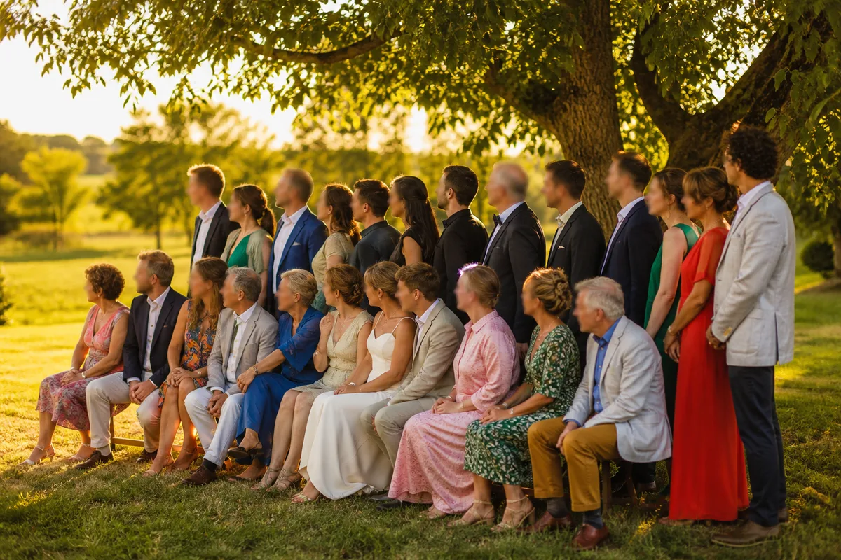 Invités rassemblés en deux rangées sous un arbre pour une photo de groupe