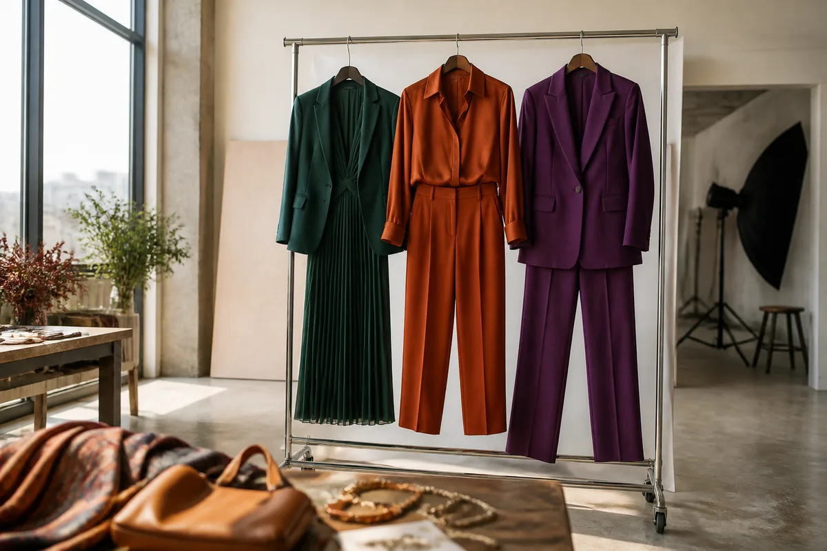 Trois tenues préparées sur un portant avant une séance photo portrait